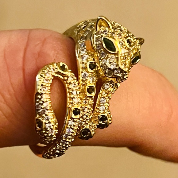 Leopard Gold Plated Emerald Crystal Eyes & Pave Cubic Zirconia Ring | Sz. 7.5 - Picture 6 of 10